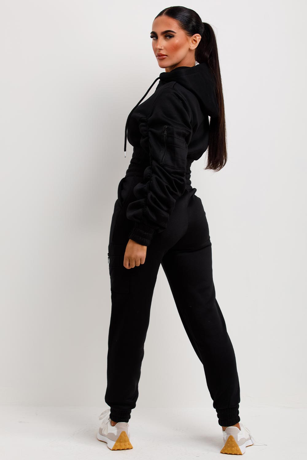 womens joggers and ruched sleeve hoodie lounge set