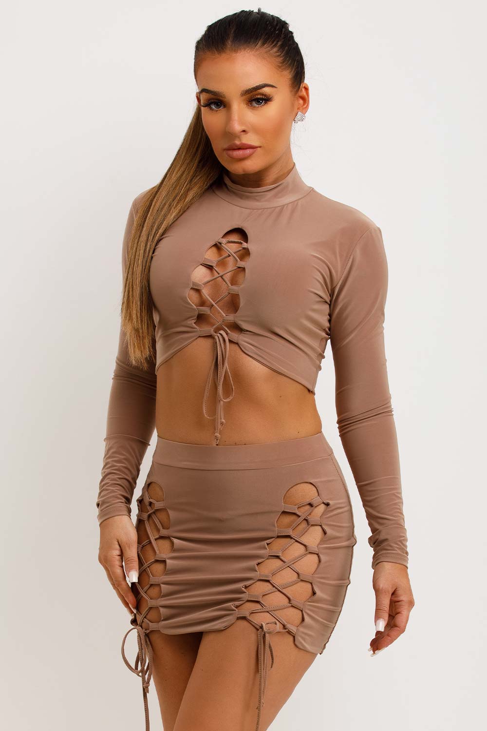 cut out lace up skirt and long sleeve high neck crop top co ord set festival rave going out outfit