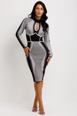 black and white pattern knitted long sleeve midi dress with cut out detail