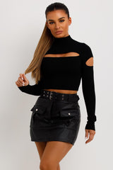 long sleeve cut out knitted jumper with cold shoulders black