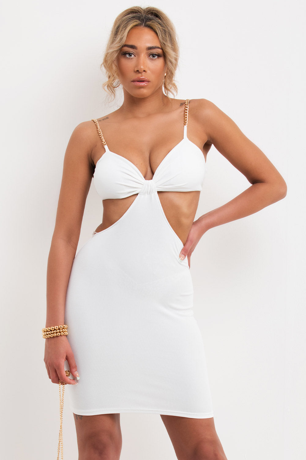 cut out mini bodycon dress with gold chain