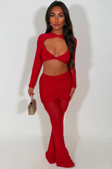 womens mesh lace flare trouser and long sleeve cut out twist front crop top co ord set red styledup