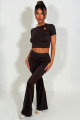 womens flared trousers and matching crop top co ord two piece set daily casual outfit for girls styled up 