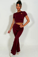 womens flared trousers and matching crop top co ord two piece set daily casual outfit for girls styled up 