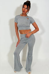 womens flare trousers and crop top two piece co ord set with cut out heart detail casual everyday outfit for girls styledup