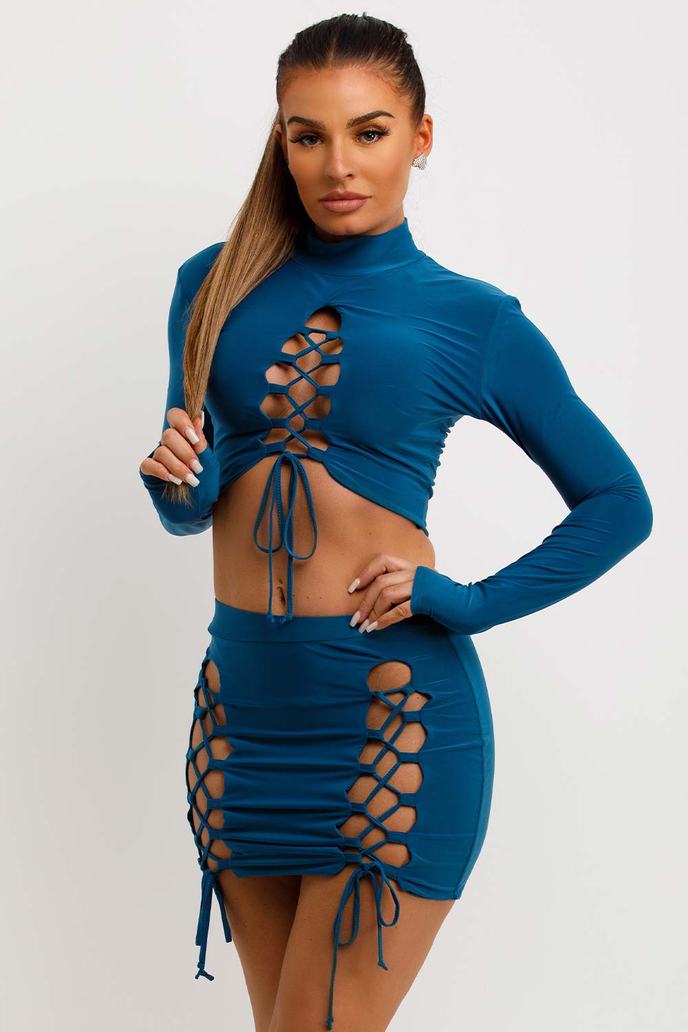 long sleeve cut out lace up skirt and crop top co ord set festival rave going out outfit