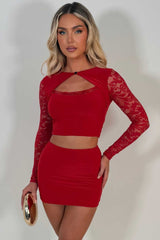 red mini skirt and cut out long lace sleeves crop top two piece festival rave night out outfit for christmas party styledup uk
