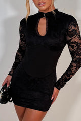 black lace long sleeve mini dress with corset detail cut out front night out christmas party outfit styledup uk