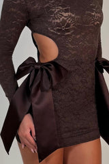 brown cut out bow detail lace playsuit dress holiday festival christmas party outfit womens styledup uk