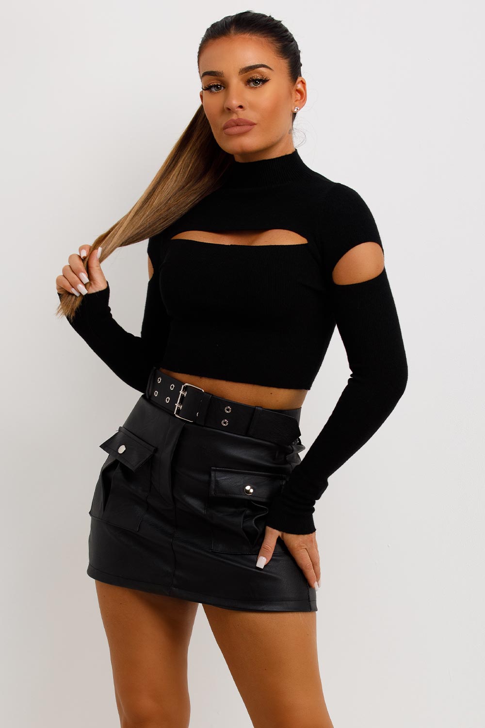 black long sleeve cut out knitted jumper going out outfit
