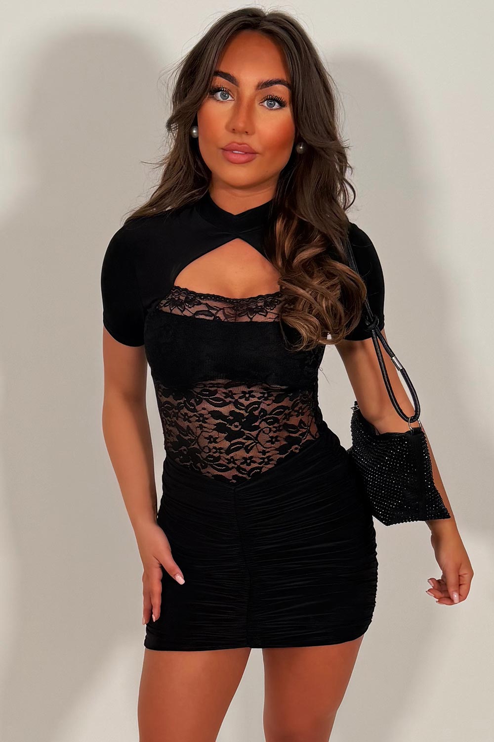short sleeve high neck mini black dress with lace cut out ruched front going out party outfits styledup white fox uk