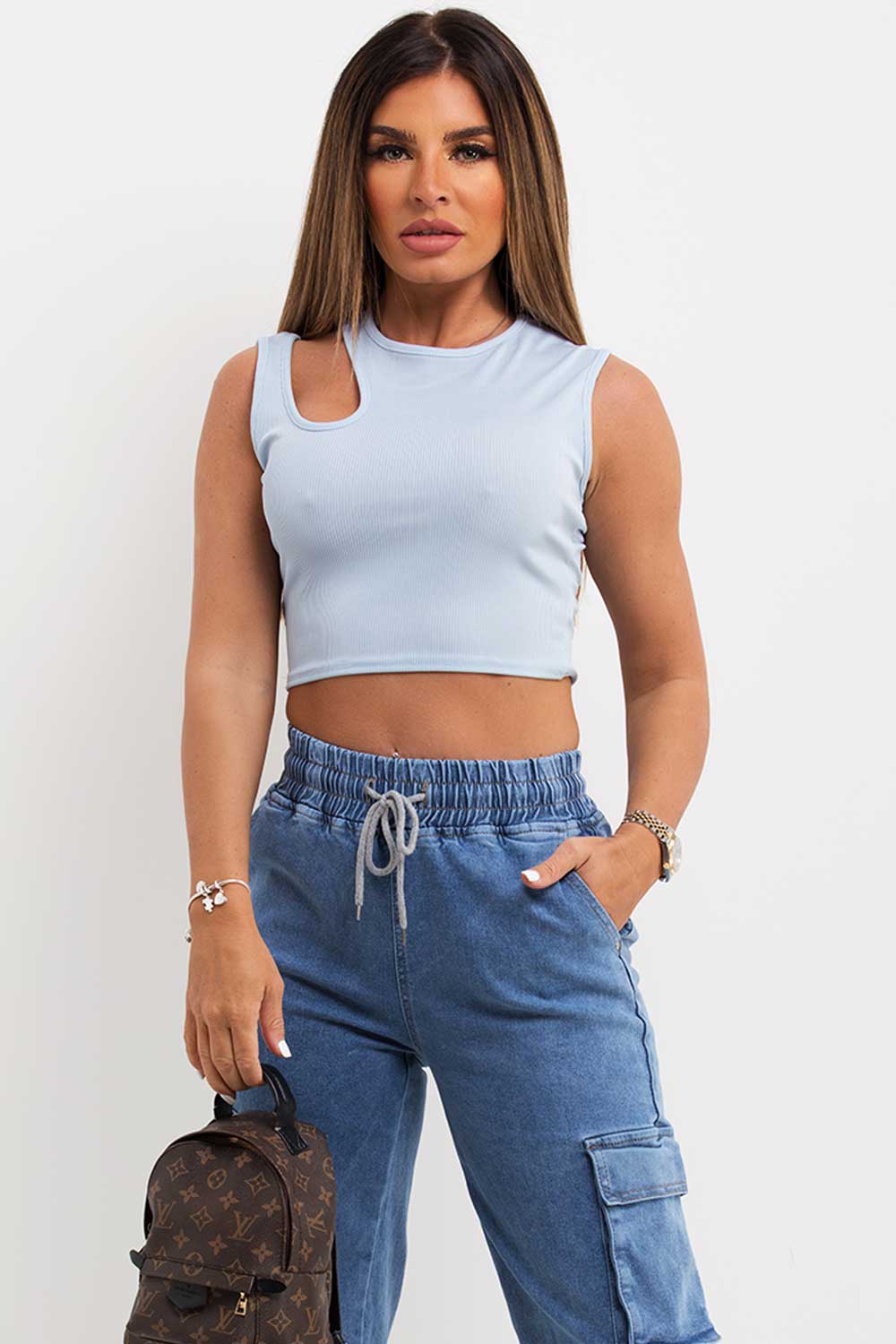 cut out ribbed crop top sky blue