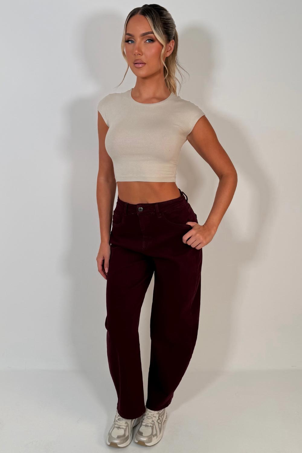 womens mid waist balloon jeans barrel leg styledup uk