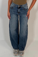 barrel leg mid waist denim blue balloon jeans styledup uk