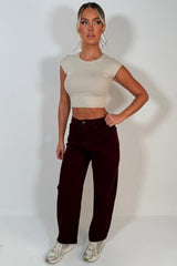 barrel leg mid waist burgundy balloon jeans styledup uk