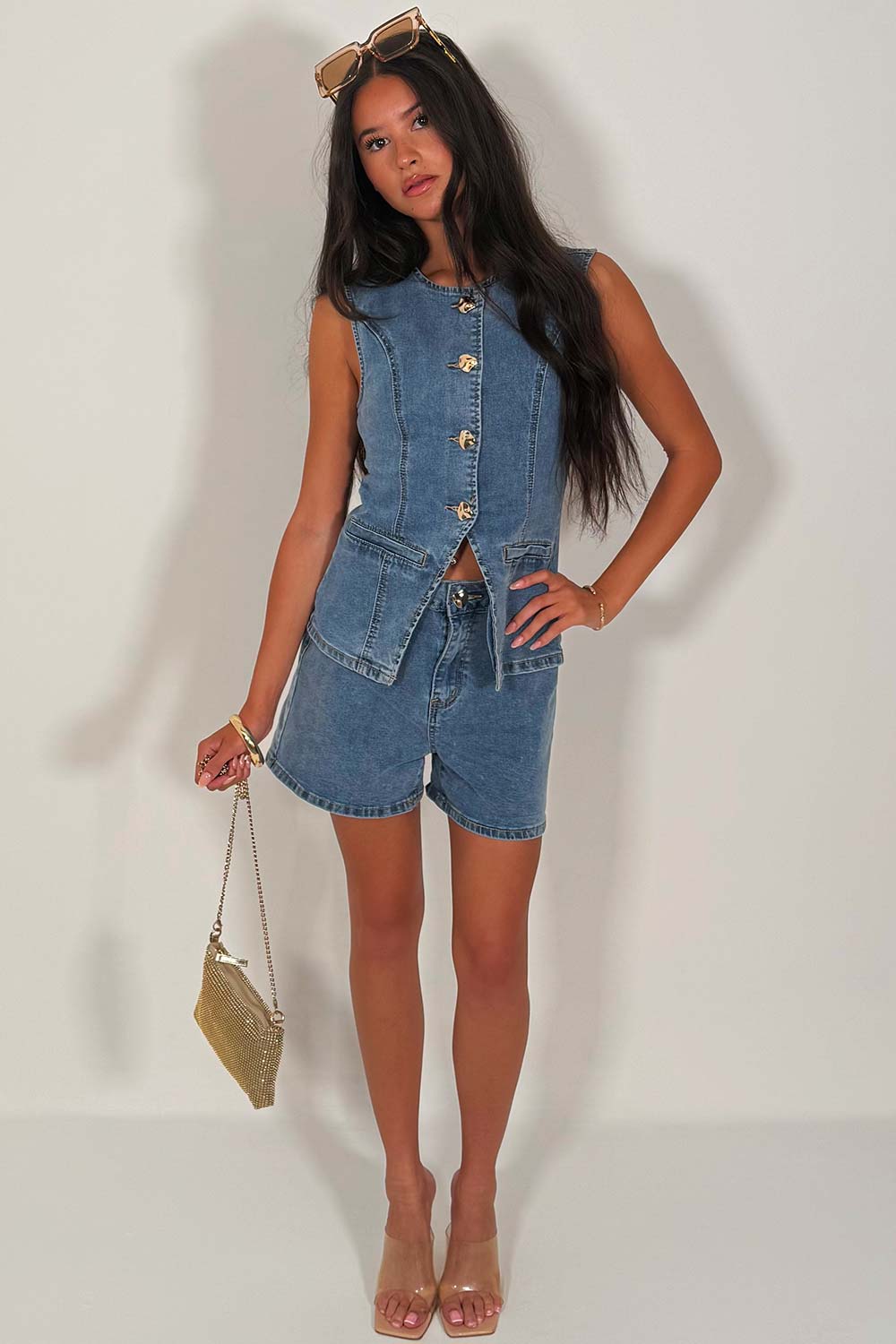 denim blue waistcoat top and shorts two piece co ord set summer holiday ladies day races outfit styledup uk