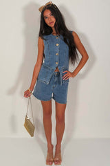 denim blue waistcoat top and shorts two piece co ord set summer holiday ladies day races outfit styledup uk