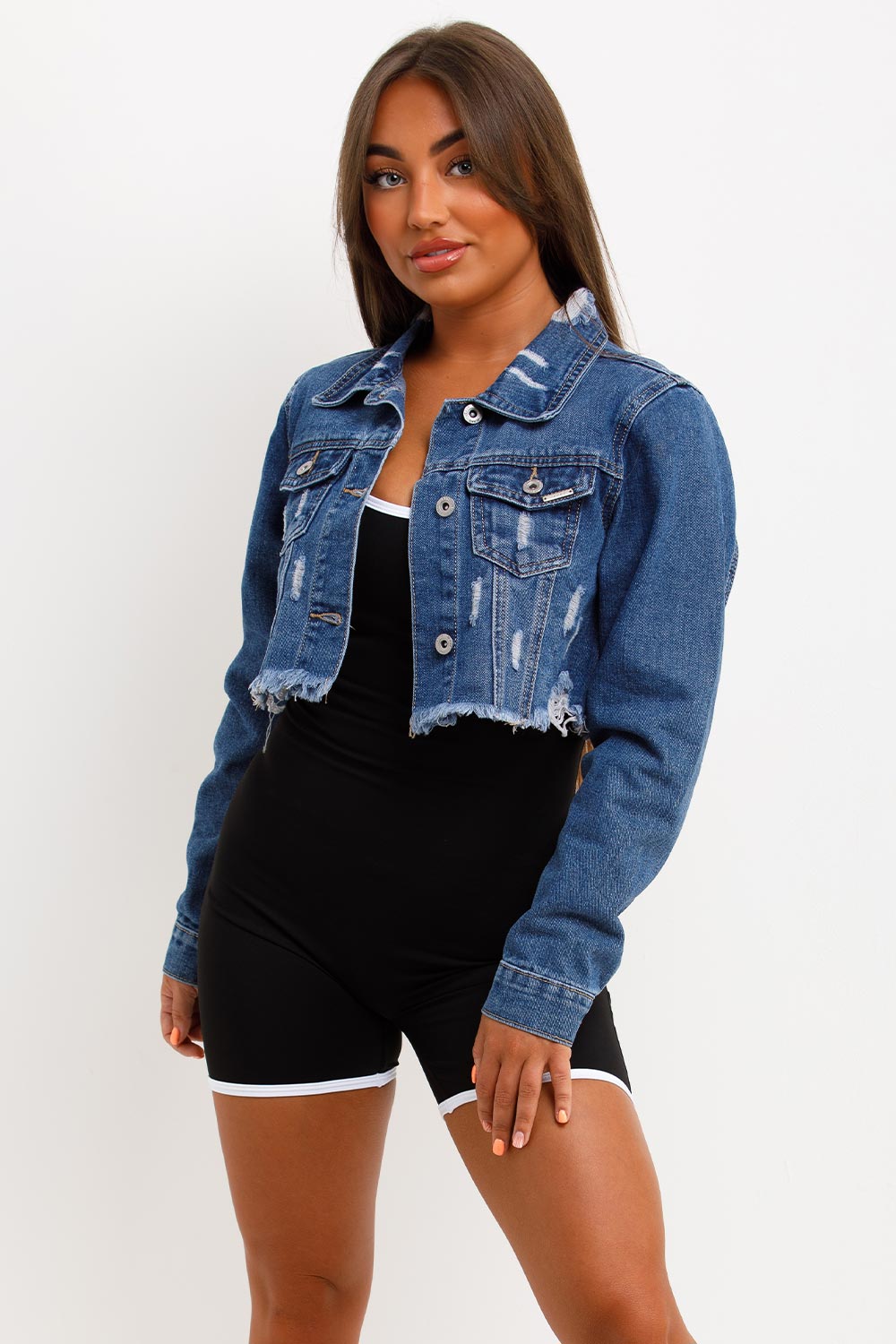 womens crop denim jacket with distressed hem