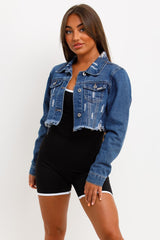 womens crop denim jacket with distressed hem