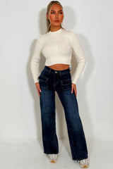 wide leg stretchy jeans for womens mid wash denim 