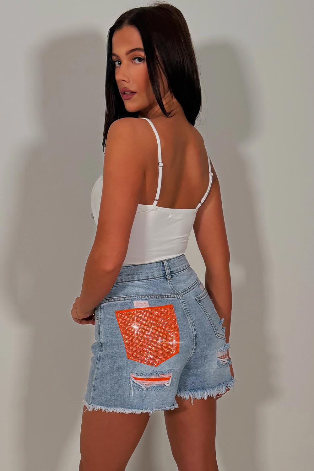 women's denim blue shorts with diamante rhinestones contrast pocket styledup