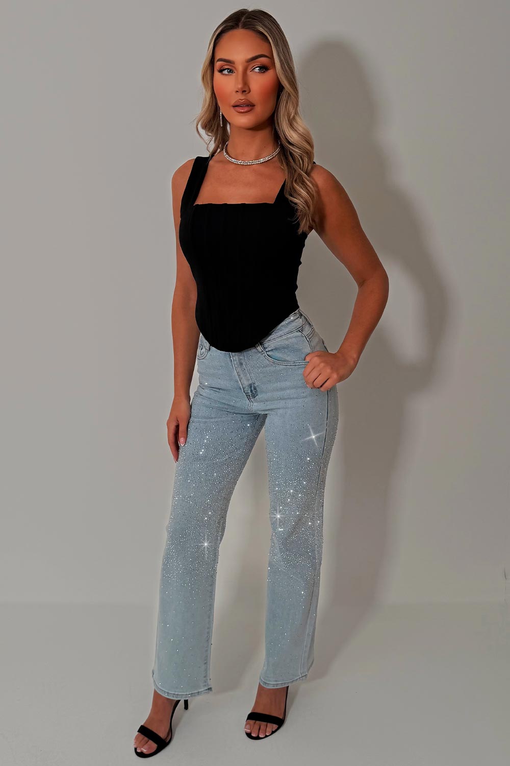 womens diamante rhinestone flare leg high waist jeans summer occasion going out outfit uk styledup