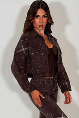 diamante rhinestone crop denim jacket denim brown