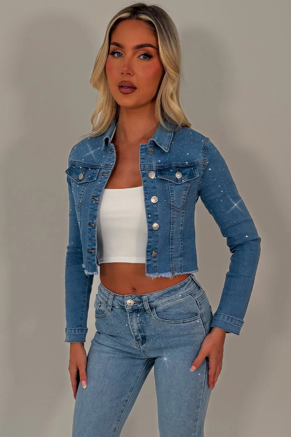 rhinestone diamante crop denim jacket denim blue