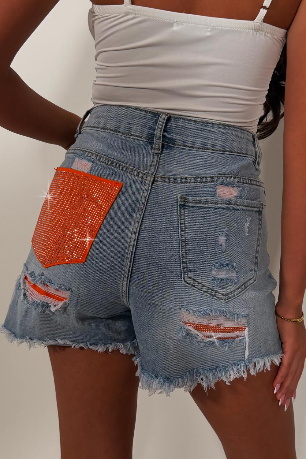 diamante rhinestone contrast pocket denim blue shorts womens summer holiday outfit