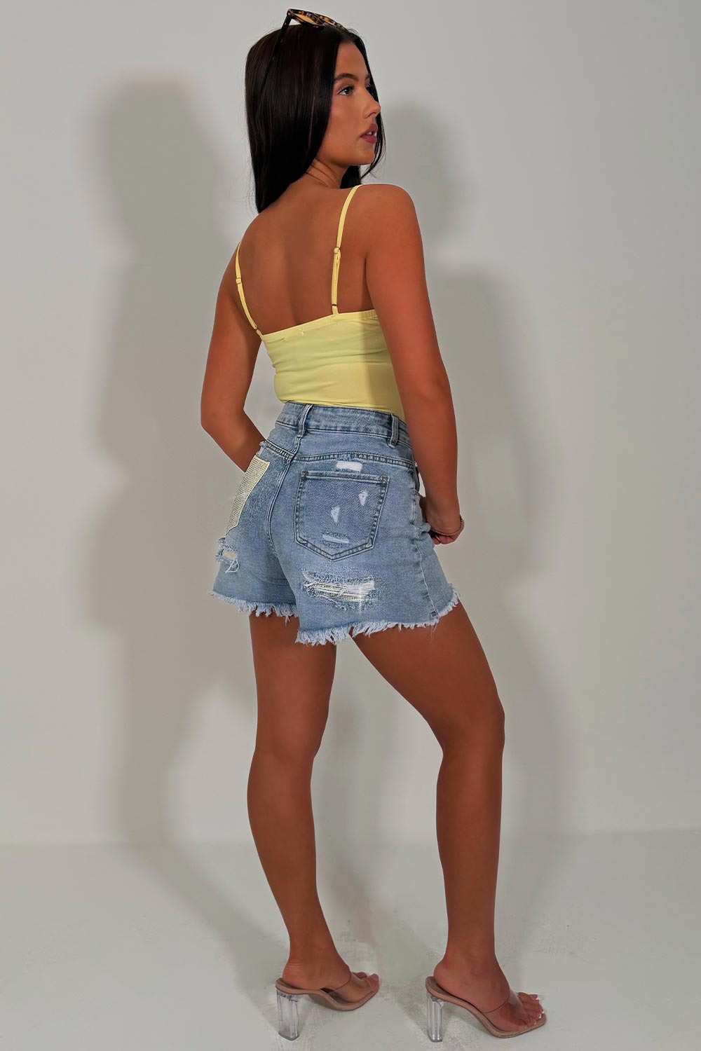 diamante rhinestone contrast pocket denim blue shorts womens uk