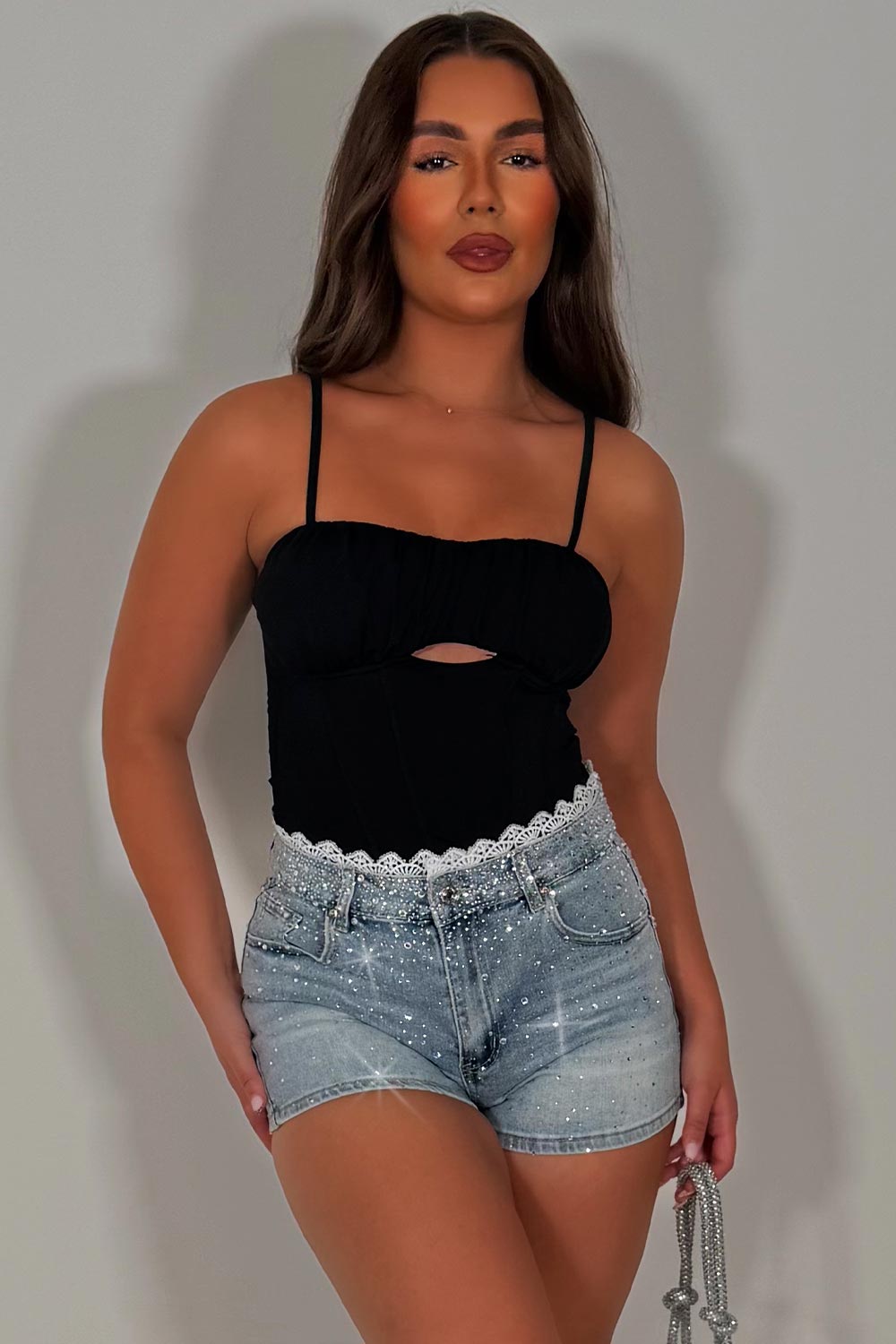 diamante rhinestone denim shorts with lace trim summer holiday festival outfit styledup uk zara womens
