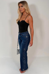 diamante rhinestone relaxed oversize denim blue jeans womens night out party outfit uk