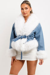 womens white faux fur cuff and waist belt denim jacket christmas outfit