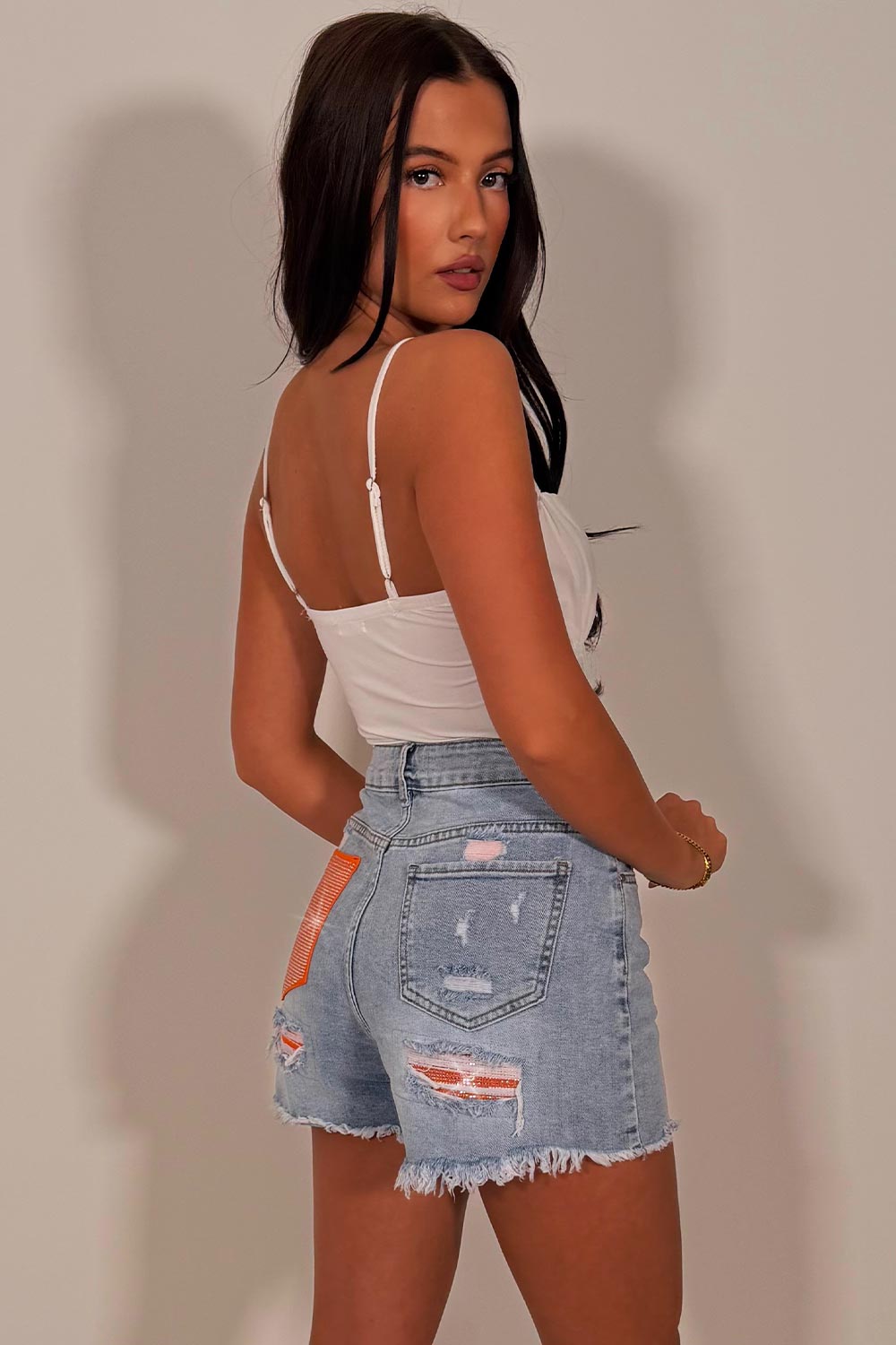 diamante rhinestone pocket denim blue shorts womens uk