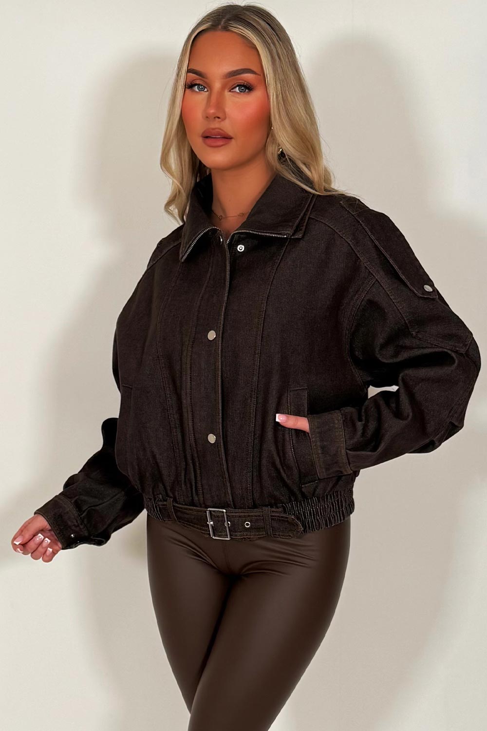 zara womens denim brown bomber jacket styledup