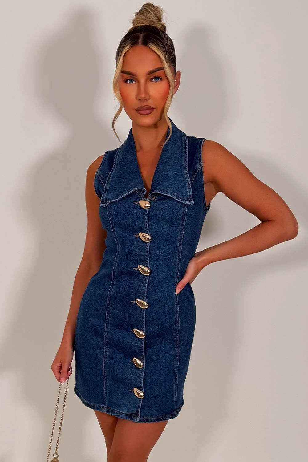 denim summer dress with gold buttons and collar styledup uk