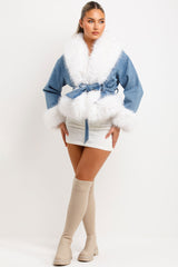 womens white faux fur denim jacket with belt christmas outfit