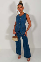 waistcoat and wide leg jeans matching denim two piece set blue styledup