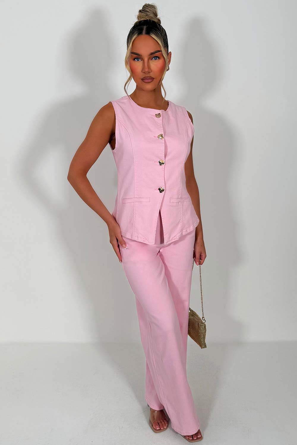 waistcoat and wide leg jeans matching denim two piece set pink styledup
