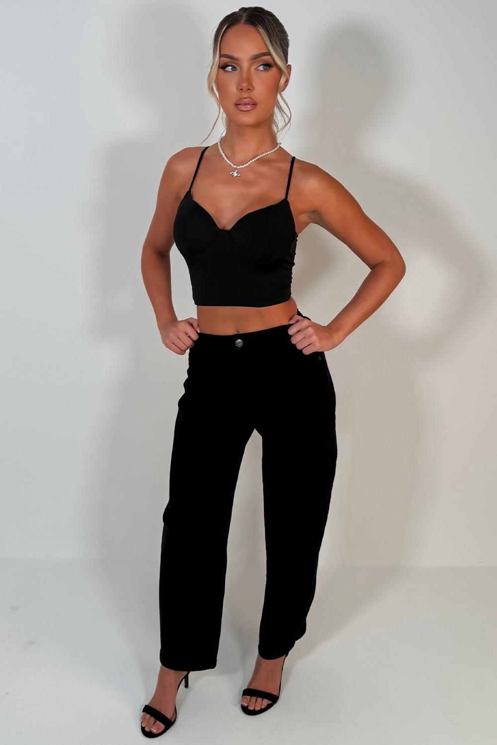 barrel leg mid waist black balloon jeans styledup uk