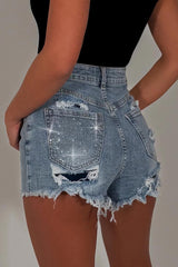 women's denim blue shorts with diamante rhinestones contrast pocket styledup 