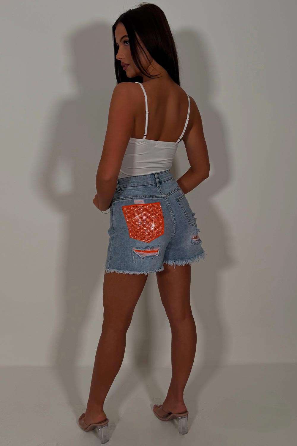 diamante rhinestone contrast pocket ripped denim shorts for womens zara uk sale