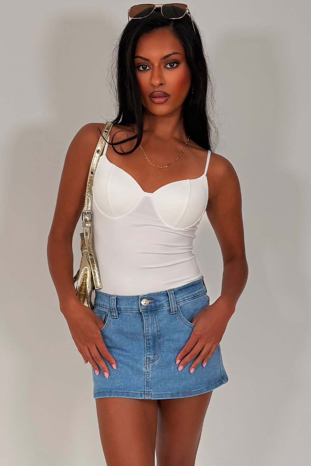 mini denim skort festival outfit trendy clothes styledup whitefox uk