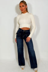 womens wide leg stretchy jeans mid wash denim  