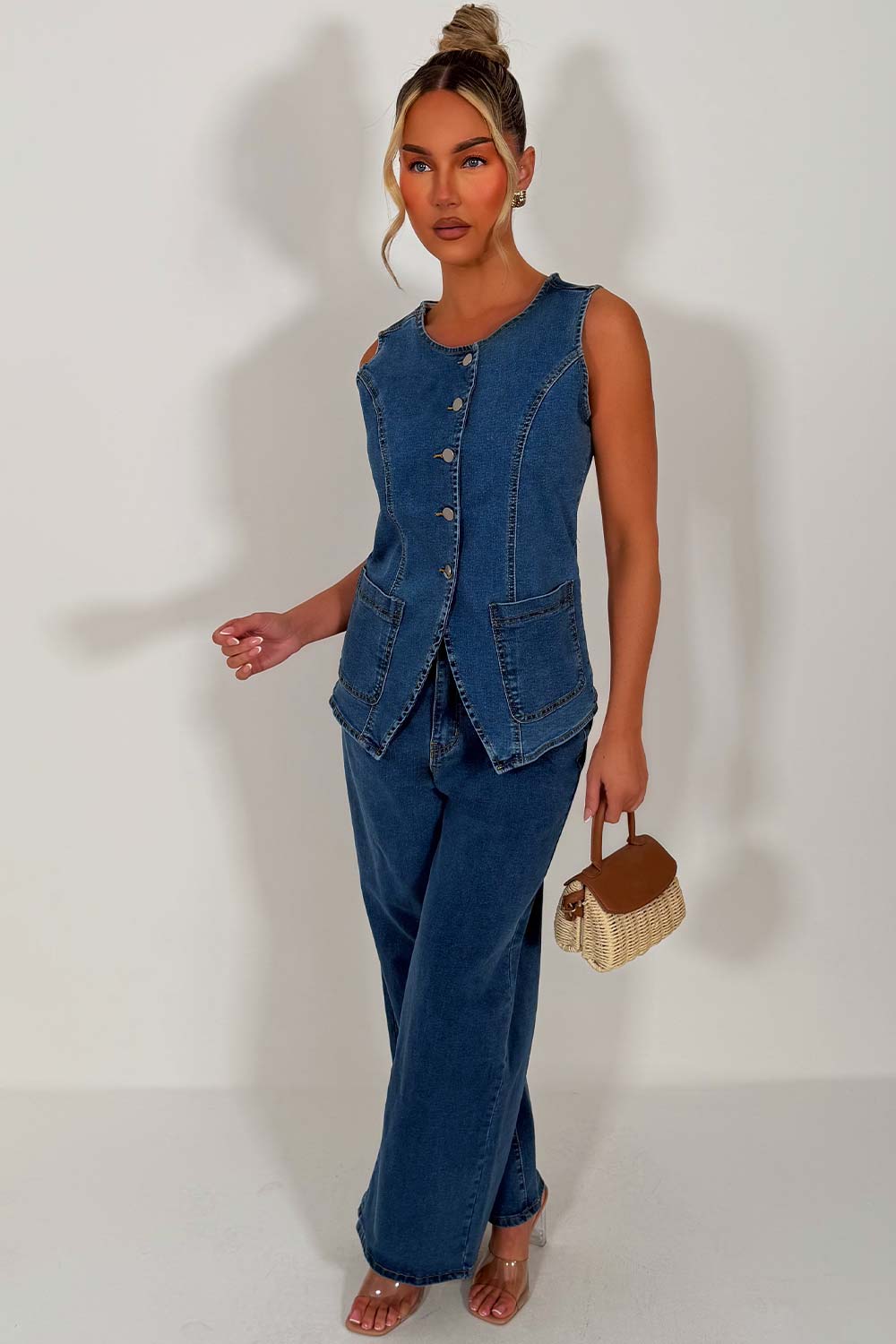 denim waist coat and wide leg jeans co ord matching outfit for summer occasions styledup