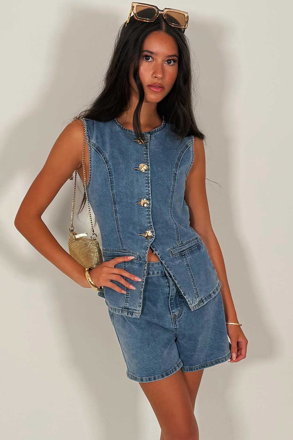 denim shorts and waistcoat co ord in floral print 