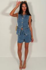 womens floral denim waistcoat and shorts two piece co ord set styledup uk