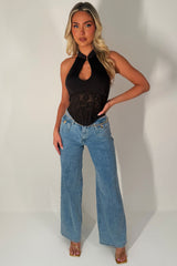 patch pocket wide leg denim blue high waist jeans with gold chain styledup uk