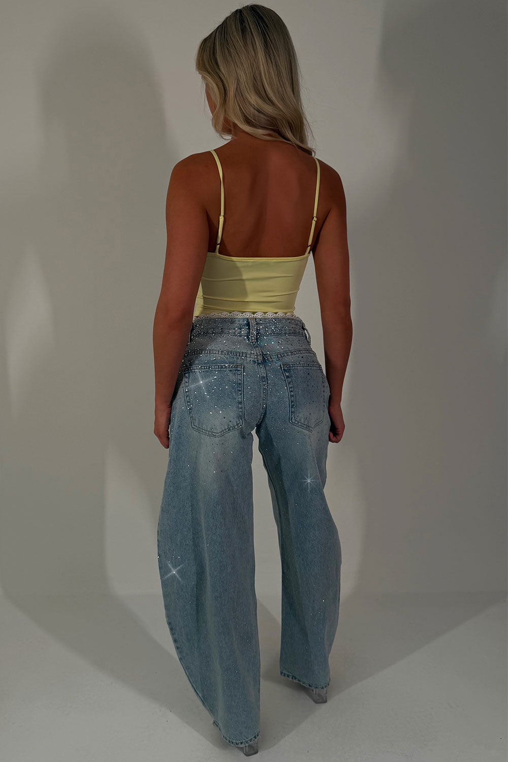 diamante rhinestone relaxed oversize jeans with lace trim womens uk