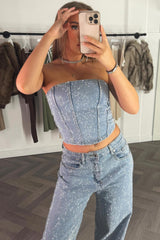 denim corset top with diamante rhinestone detail